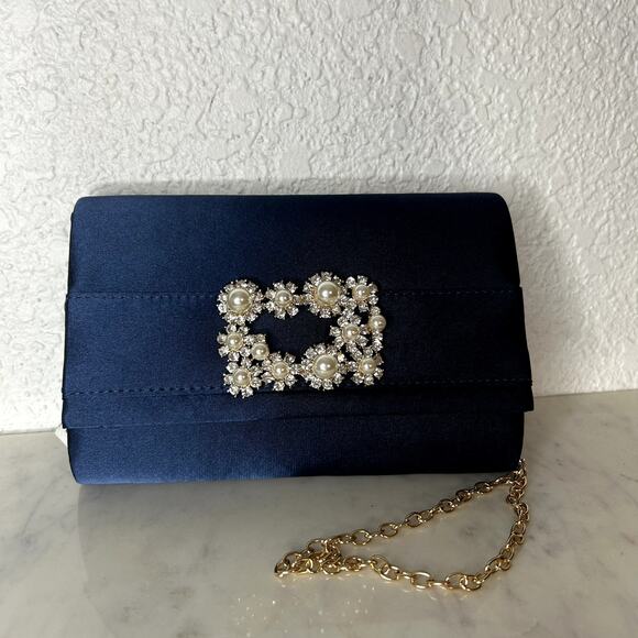 Jessica McClintock Navy Satin Evening Bag Womens NWT Rhinestone Pearl Chain - Picture 2 of 8